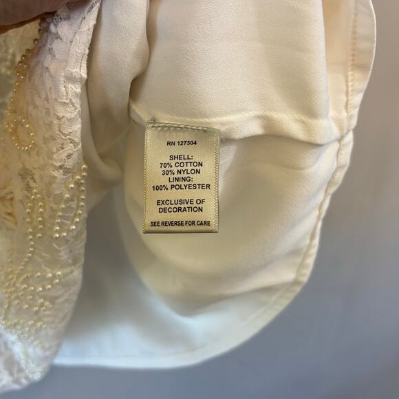 John Mark Lace Pearl Beaded Embroidered Ruffle Collar Top XLarge Cream Coastal - Picture 5 of 9